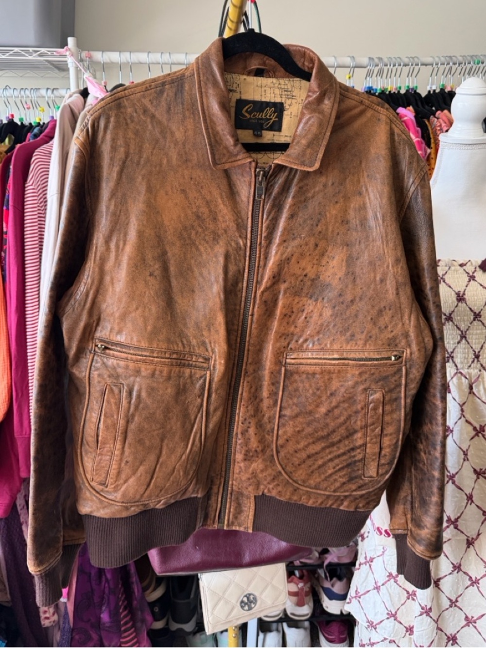 Vintage 80’s Scully Genuine Leather Distressed Bomber Jacket Size 46 (L/XL) - Picture 2 of 7